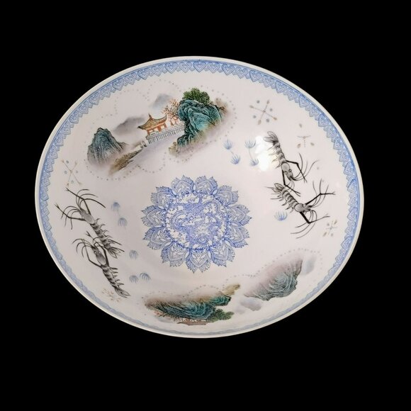 Vintage Chinoiserie Egg Shell Porcelain Bowl, Landscape & Shrimp Design Dish - Picture 1 of 14